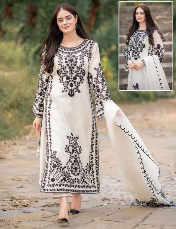 3pcs Front Heavy Embroidery Shirt With Frill Style Embroidered Dupatta